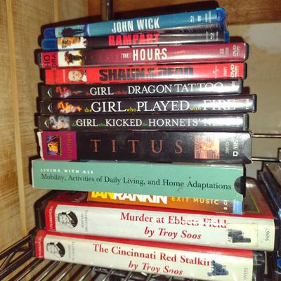 Collection of CDs, DVDs, and VHS