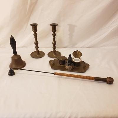Brass Candlesticks, Snuffer, Inkwell, and Bell (LR-KD) )