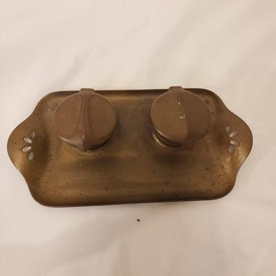 Brass Candlesticks, Snuffer, Inkwell, and Bell (LR-KD) )