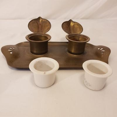 Brass Candlesticks, Snuffer, Inkwell, and Bell (LR-KD) )