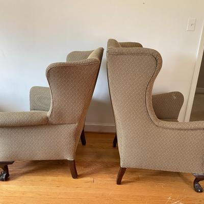 Vintage Chippendale Style Wingback Arm Chairs Ball And Claw Legs