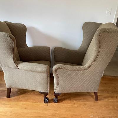 Vintage Chippendale Style Wingback Arm Chairs Ball And Claw Legs