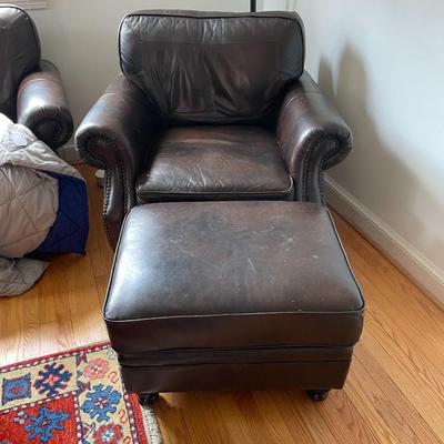 Brown Leather Armchair and Ottoman