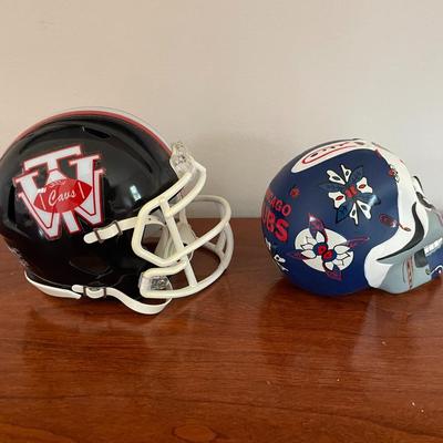 Chicago Cubs Day of The Dead Skull Figurine and Coasters. 1987 Mini W.T Woodson Cavaliers HS Mini Helmet.
