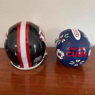 Chicago Cubs Day of The Dead Skull Figurine and Coasters. 1987 Mini W.T Woodson Cavaliers HS Mini Helmet.