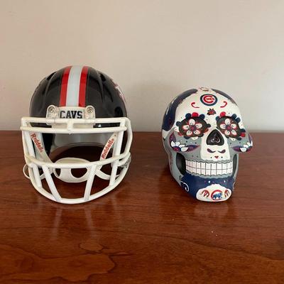 Chicago Cubs Day of The Dead Skull Figurine and Coasters. 1987 Mini W.T Woodson Cavaliers HS Mini Helmet.