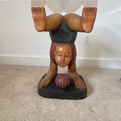 Pair of Thai Wooden Sculpture Side Table Base and Glass Top