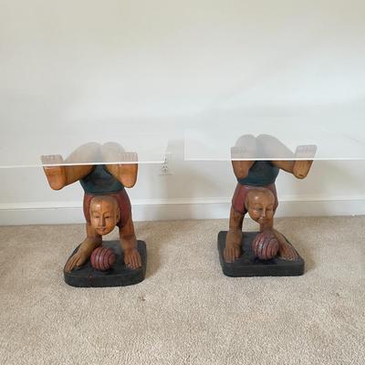 Pair of Thai Wooden Sculpture Side Table Base and Glass Top