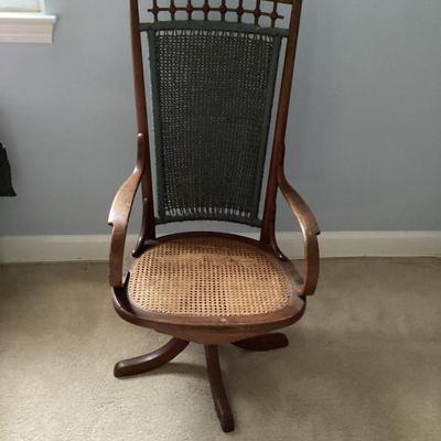Antique Mid - Century Cane Back Swivel Office Chair.