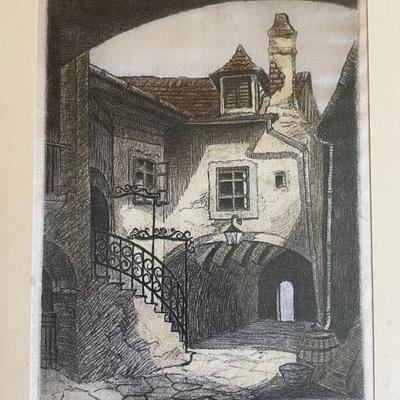 H. Leisch ( Austrian , 20Th C ) Color Etching on White Silk. PENCIL SIGNED ORIGINAL