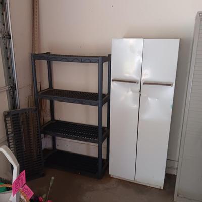 METAL STORAGE CABINET AND PLASTIC SHELF