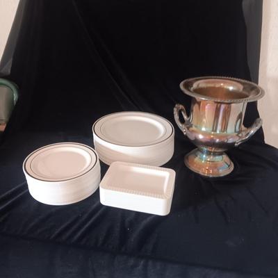 REUSABLE HEAVY PLASTIC PLATES W/SILVER RING AND SILVER PLATED ICE BUCKET