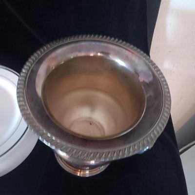 REUSABLE HEAVY PLASTIC PLATES W/SILVER RING AND SILVER PLATED ICE BUCKET