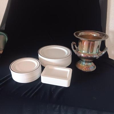 REUSABLE HEAVY PLASTIC PLATES W/SILVER RING AND SILVER PLATED ICE BUCKET