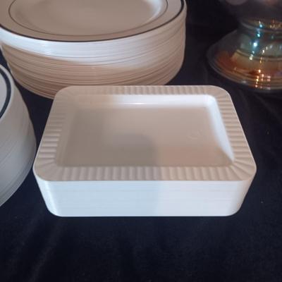 REUSABLE HEAVY PLASTIC PLATES W/SILVER RING AND SILVER PLATED ICE BUCKET