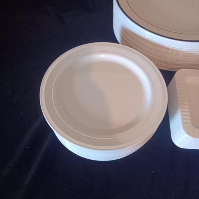 REUSABLE HEAVY PLASTIC PLATES W/SILVER RING AND SILVER PLATED ICE BUCKET