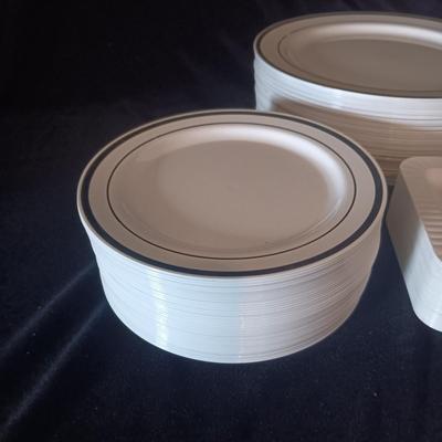 REUSABLE HEAVY PLASTIC PLATES W/SILVER RING AND SILVER PLATED ICE BUCKET