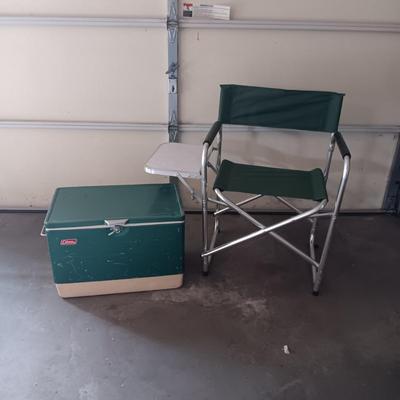 FOLDING CHAIR W/SIDE TABLE AND COLEMAN METAL COOLER
