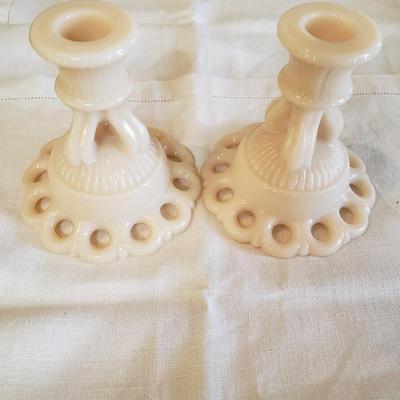 Vintage Westmoreland almond milk glass candlesticks
