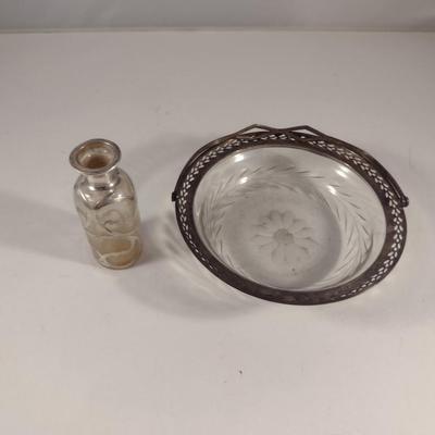 Bottle with Silver Overlay and Glass Bowl with Metal Collar and Handle