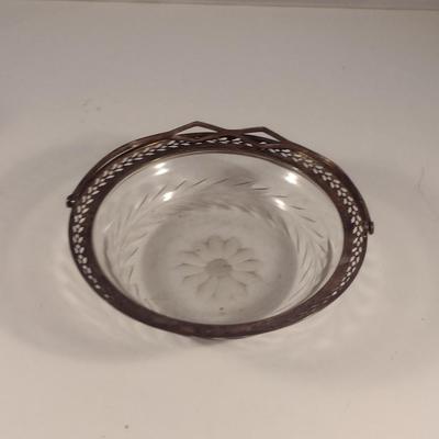 Bottle with Silver Overlay and Glass Bowl with Metal Collar and Handle