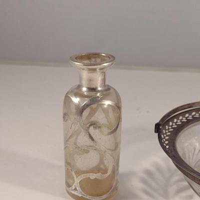 Bottle with Silver Overlay and Glass Bowl with Metal Collar and Handle