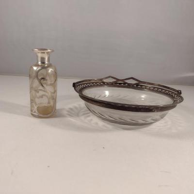Bottle with Silver Overlay and Glass Bowl with Metal Collar and Handle
