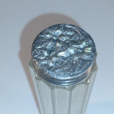 Antique Dresser Bottle/Hatpin Jar with Repousse Lid- Approx 7" Tall