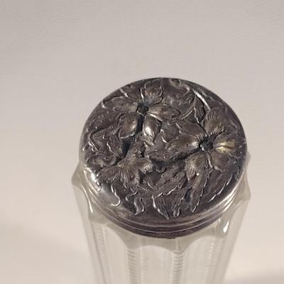 Antique Dresser Bottle/Hatpin Jar with Repousse Lid- Approx 7" Tall