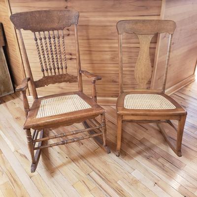 Two Wood and Cane Bottomed Rocking Chairs (LR-KD)