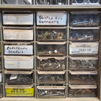 Seven Plastic Storage Bins + Contents (WS-JS)