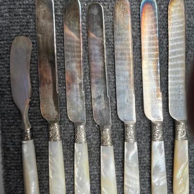 7 English Silver Mother Pearl Knives W/Hallmarks