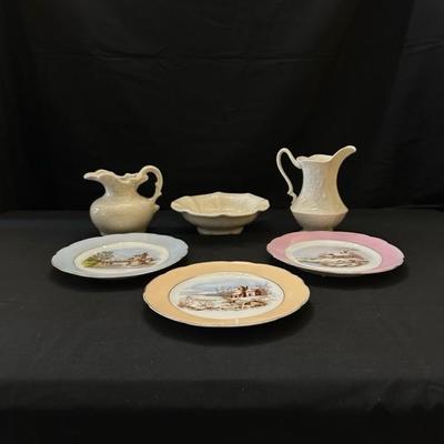 Lenox & McCoy Pitchers and Bowl with 3 Picturesque Plates