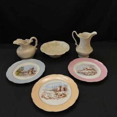 Lenox & McCoy Pitchers and Bowl with 3 Picturesque Plates