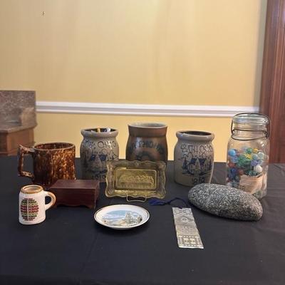 A Collection of Ohio Trinkets, Marbles, Rockingham Glaze Mug and Other Items