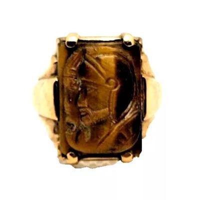 Men's Antique Carved Tigers Eye Intaglio 10K Yellow Gold Ring
