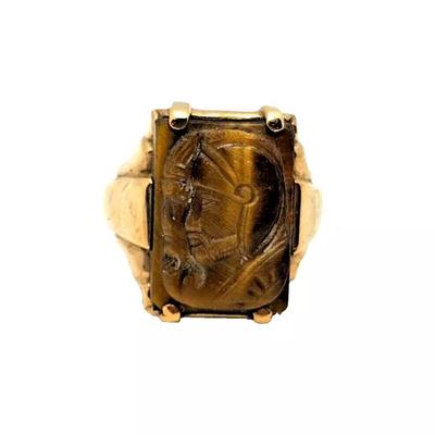 Men's Antique Carved Tigers Eye Intaglio 10K Yellow Gold Ring