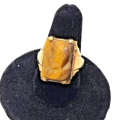 Men's Antique Carved Tigers Eye Intaglio 10K Yellow Gold Ring