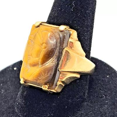 Men's Antique Carved Tigers Eye Intaglio 10K Yellow Gold Ring