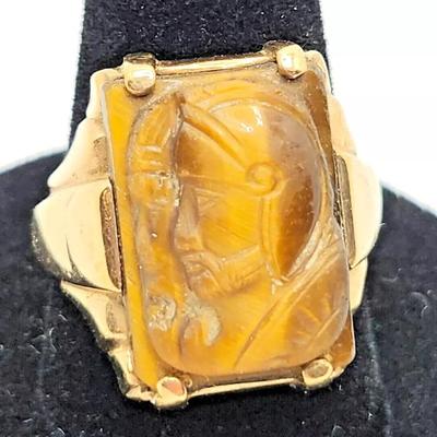 Men's Antique Carved Tigers Eye Intaglio 10K Yellow Gold Ring