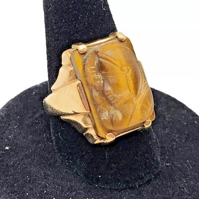 Men's Antique Carved Tigers Eye Intaglio 10K Yellow Gold Ring