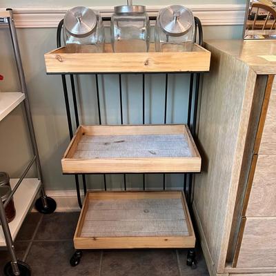 Rustic 3 Tier Rolling Bar Kitchen Cart +3 Retro Cannister Jars