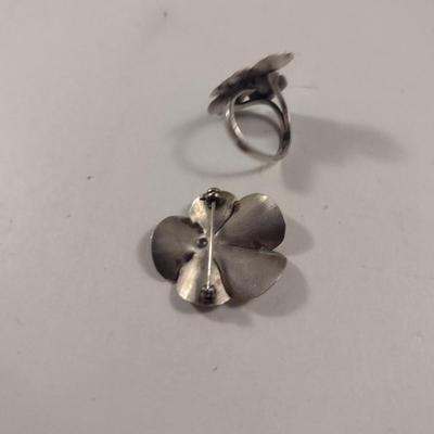 Sterling Silver Dogwood Design Ring and Brooch Set- Total Approx Weight 7 Grams (#276)