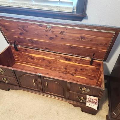 Lot #123 Lane Cedar Chest - has tag - top upholstery needs replacing