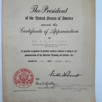 Franklin Roosevelt Certificate of Appreciation for F.E. Le Jeune