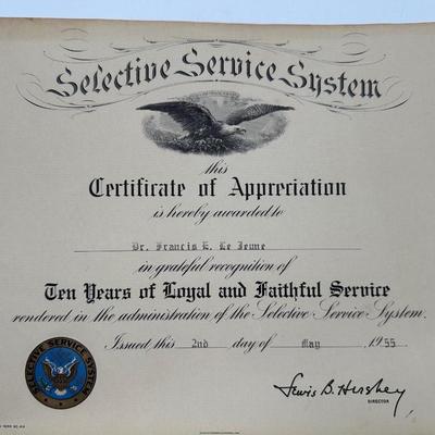 Franklin Roosevelt Certificate of Appreciation for F.E. Le Jeune