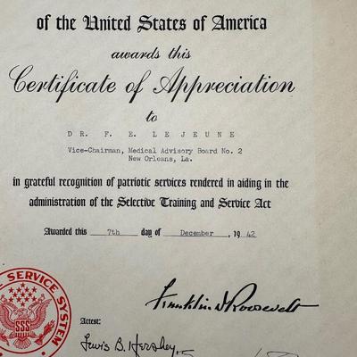 Franklin Roosevelt Certificate of Appreciation for F.E. Le Jeune