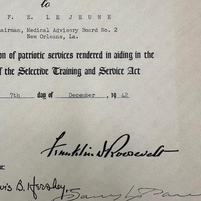 Franklin Roosevelt Certificate of Appreciation for F.E. Le Jeune