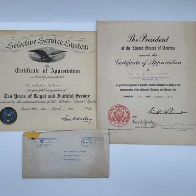 Franklin Roosevelt Certificate of Appreciation for F.E. Le Jeune
