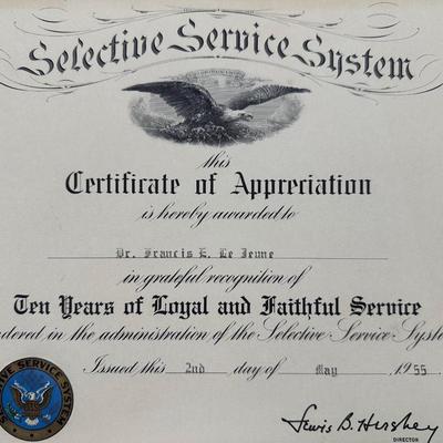 Franklin Roosevelt Certificate of Appreciation for F.E. Le Jeune